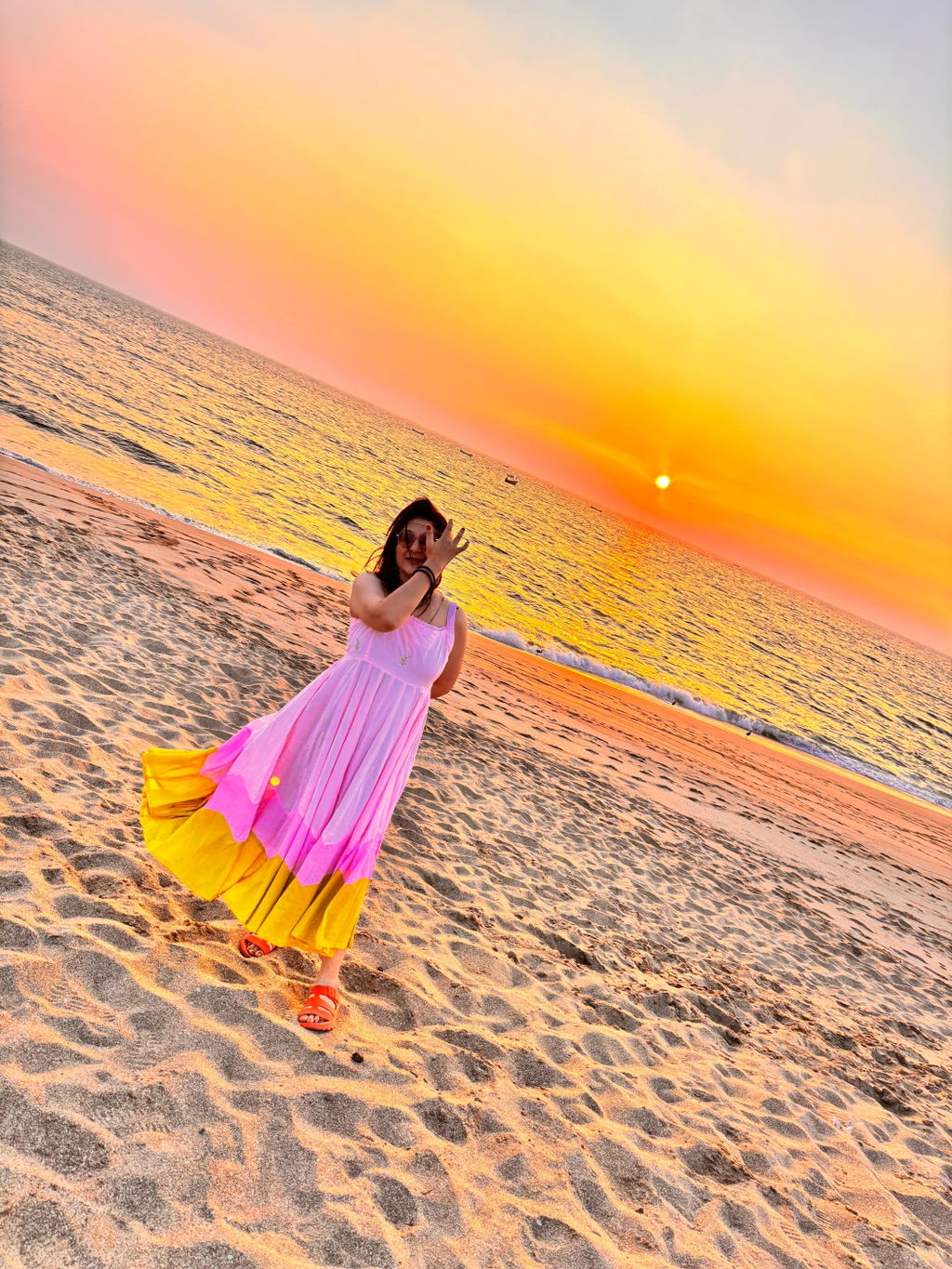 Sparrow Pink Green Colour Blocking Embroidered Cotton Dress
