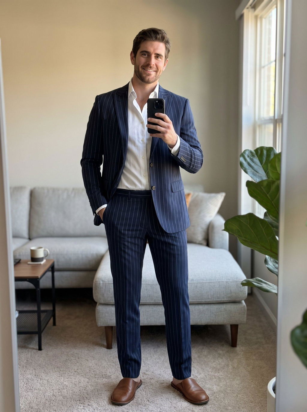 2 Piece Navy Blue Striped Double Button Slim Fit Men's Suit