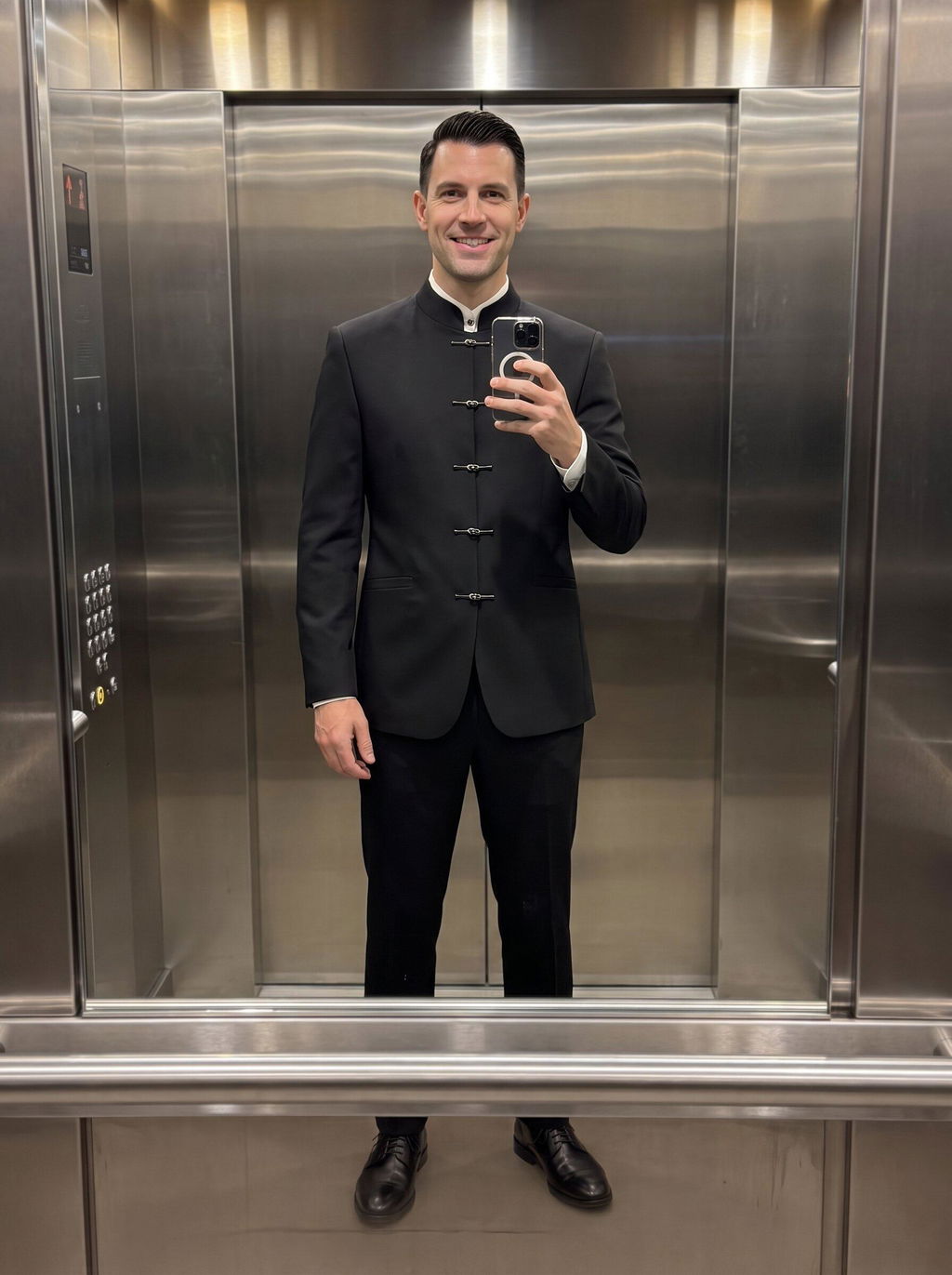Men’s Black Two-Piece Suit – Stand Collar Blazer & Trousers