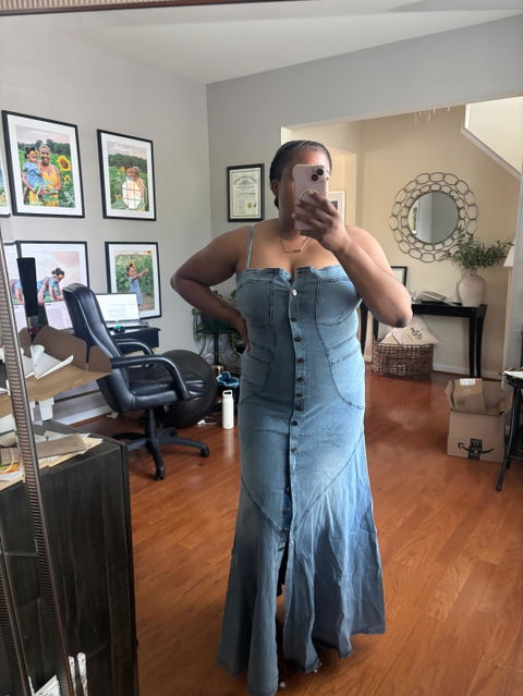 It’s Summertime Fine Super Stretchy Button Front Denim Mermaid Maxi Dress -