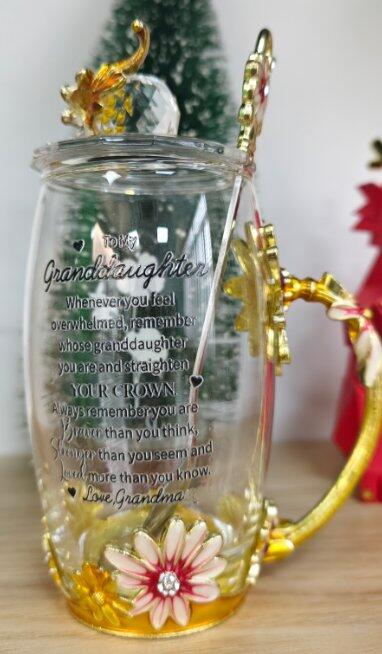 To My Granddaughter, Whenever You Feel Overwhelmed, Remember Whose Granddaughter You Are, Flowers and Crown - Personalized Enamel Flower Tea Cup - FM032_TECU