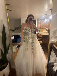 Rustic Floral Wedding Dress with Colorful Wildflower Appliques and Deep V-Neck