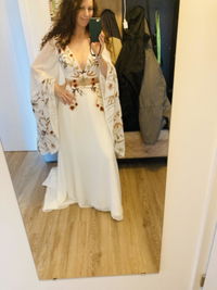 Bohemian Rust Floral Embroidered Wedding Dress with Dramatic Wing Sleeves