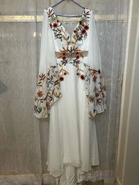 Bohemian Rust Floral Embroidered Wedding Dress with Dramatic Wing Sleeves