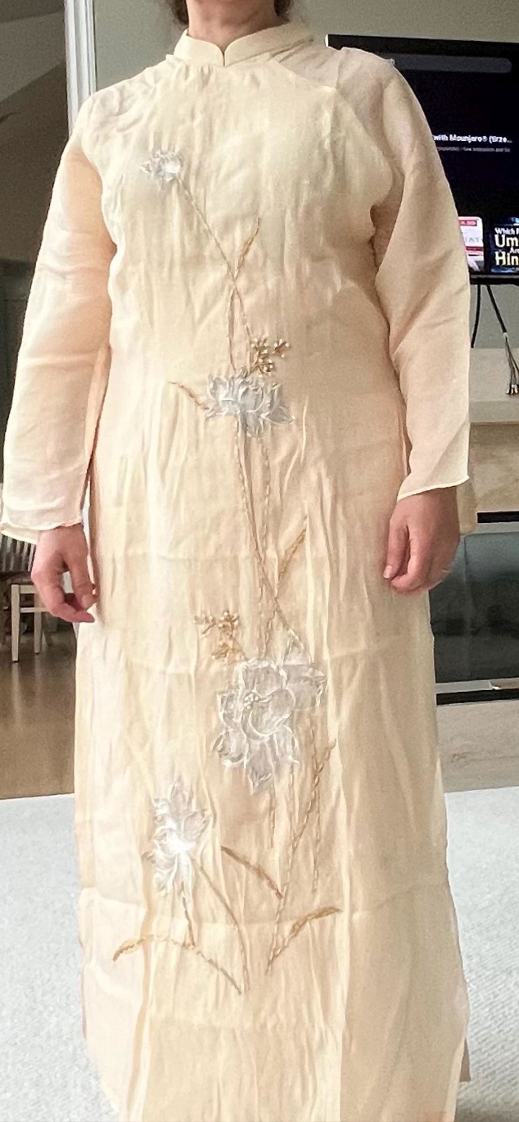 Cream Embroidery Lotus Ao Dai Set with Cream Pants 39C