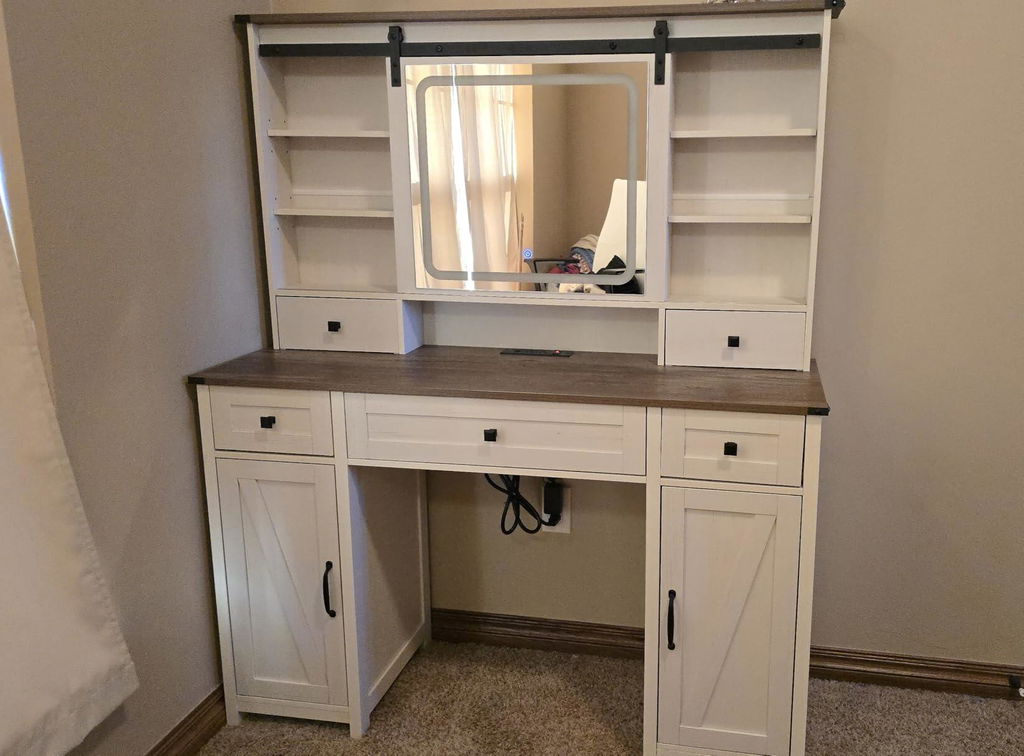 AOGLLATI 47.2 Inch Farmhouse Makeup Vanity Desk with Lights & Charging Station Vanity Desk with Sliding Mirror and Storage Space