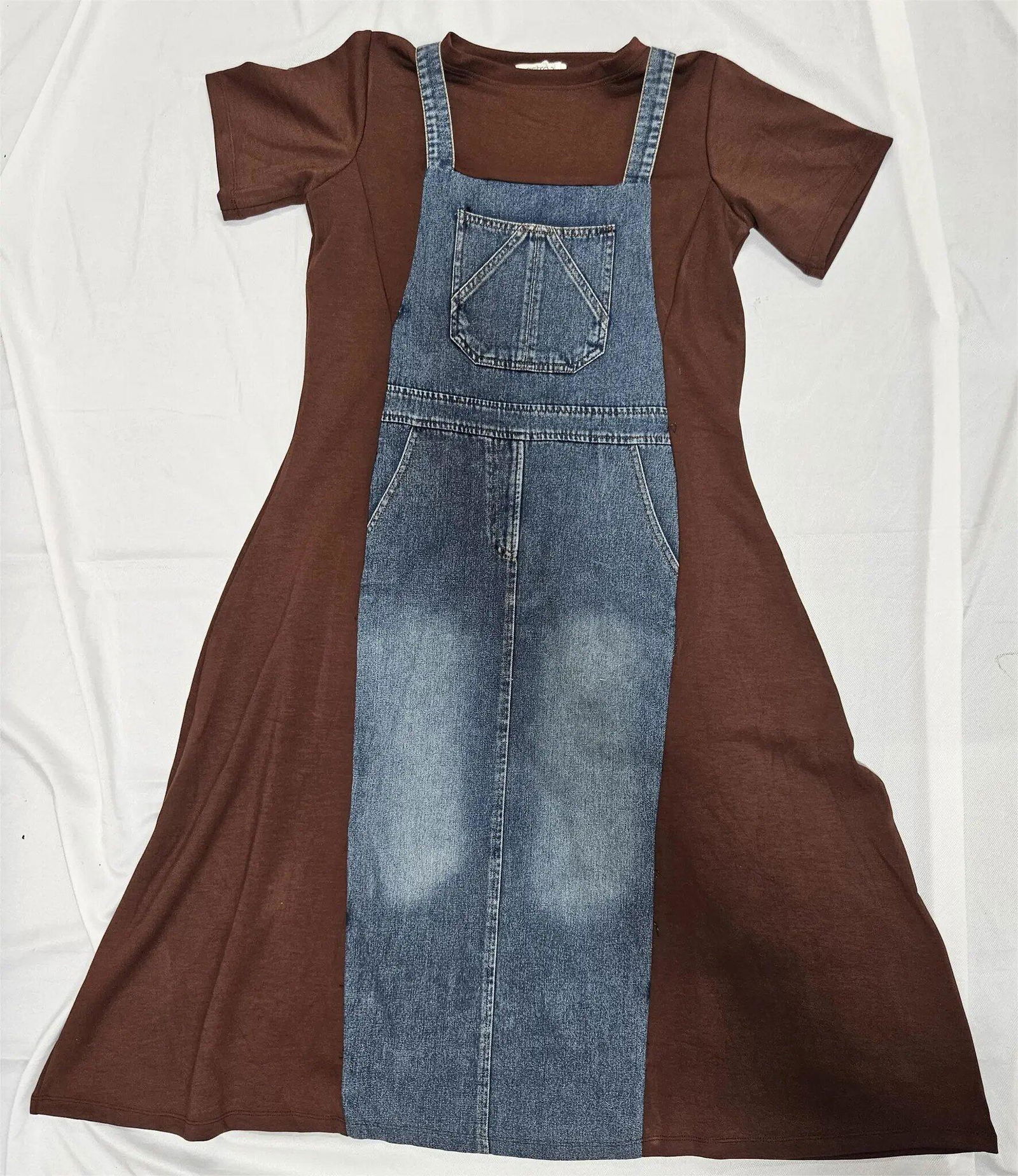 Customer wearing ASTRON Women's Denim Front Panel A-Line Dress