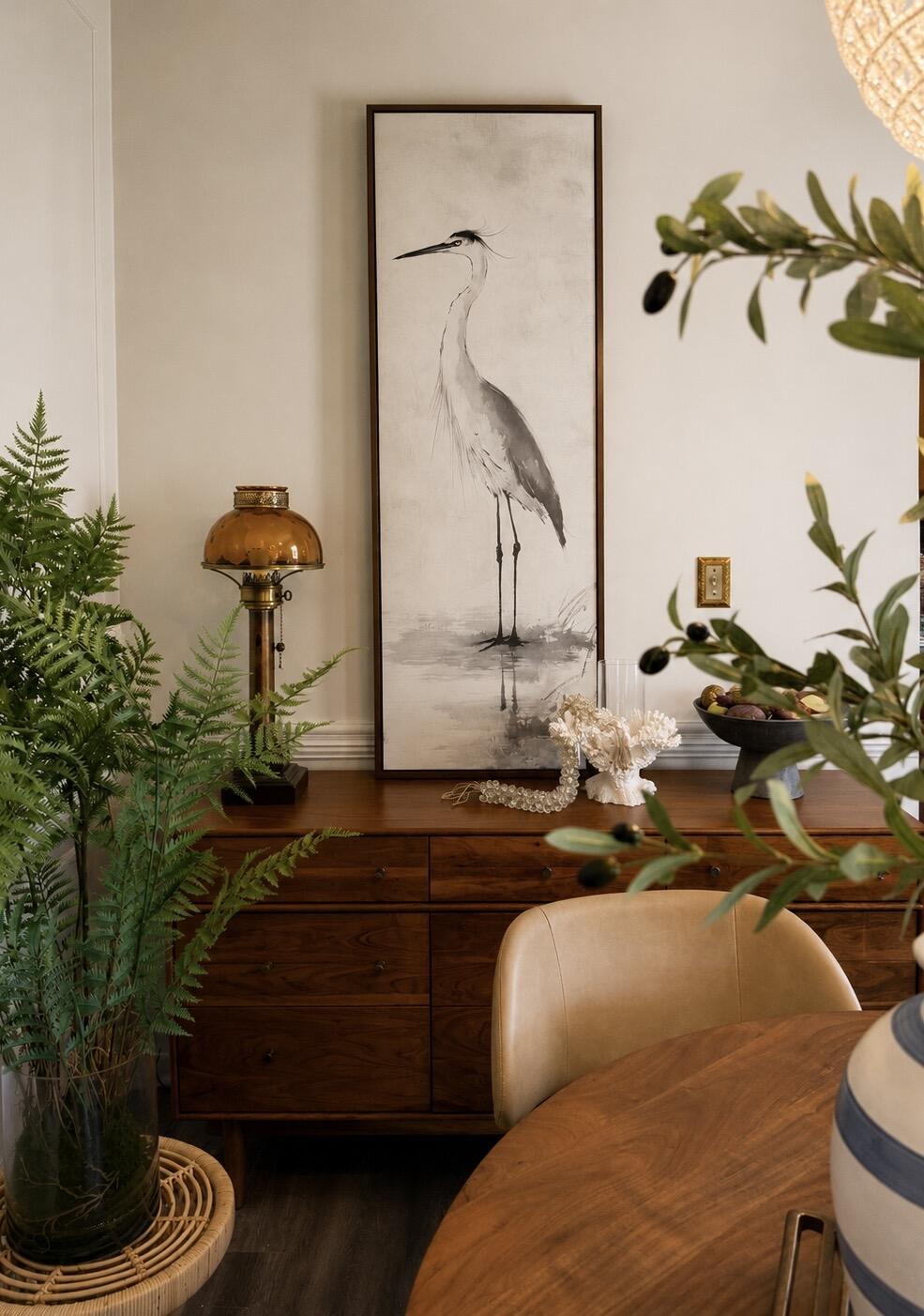 Neutral Heron Narrow Tall Wall Art Large Framed Picture