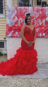 Red V-neck Strapless Ruffles Mermaid Sleeveless Gorgeous Prom Dresses