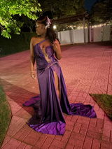 Dusty Blue One shoulder High Split Beaded Long Prom Dresses
