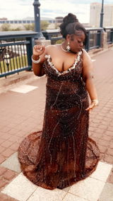 Elegant Sparkle Brown Mermaid Court Train V-neck Sleeveless Prom Dresses