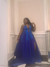 Plus Size Red Halter A-Line Tulle Side Slit Prom Dress with Beads