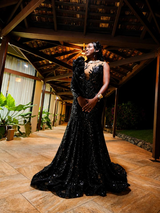 Hot Half Black Half White One shoulder Long Sleeves Mermaid Prom Dresses