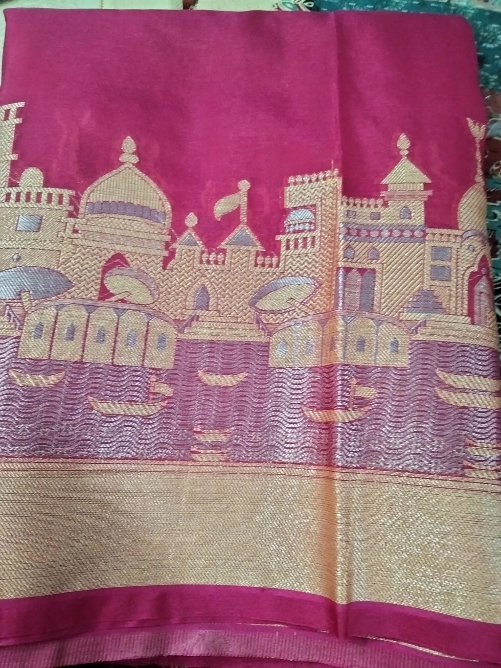 Banarasi Plain Semi Silk Saree With Ganga Ghat Weaving-Pink