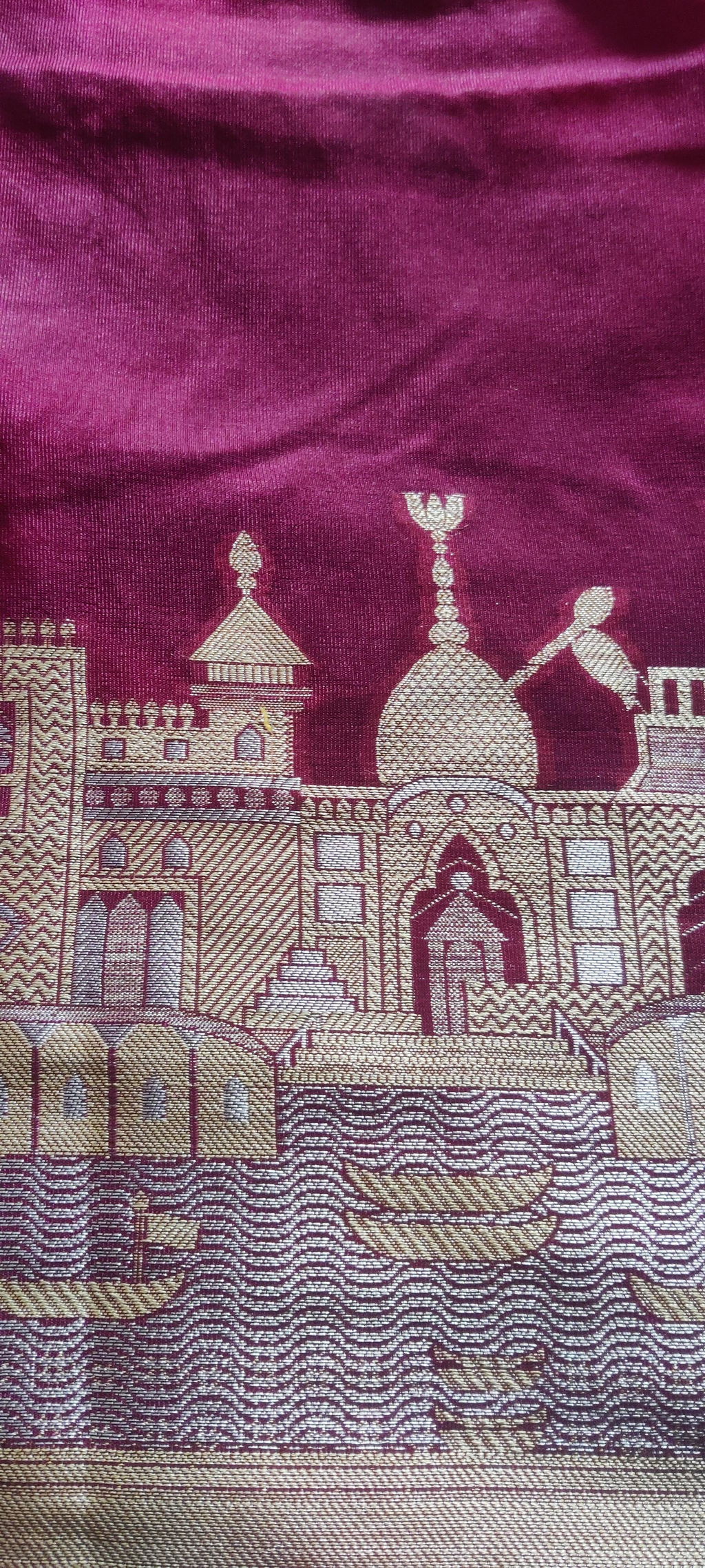 Banarasi Plain Semi Silk Saree With Ganga Ghat Weaving-Wine