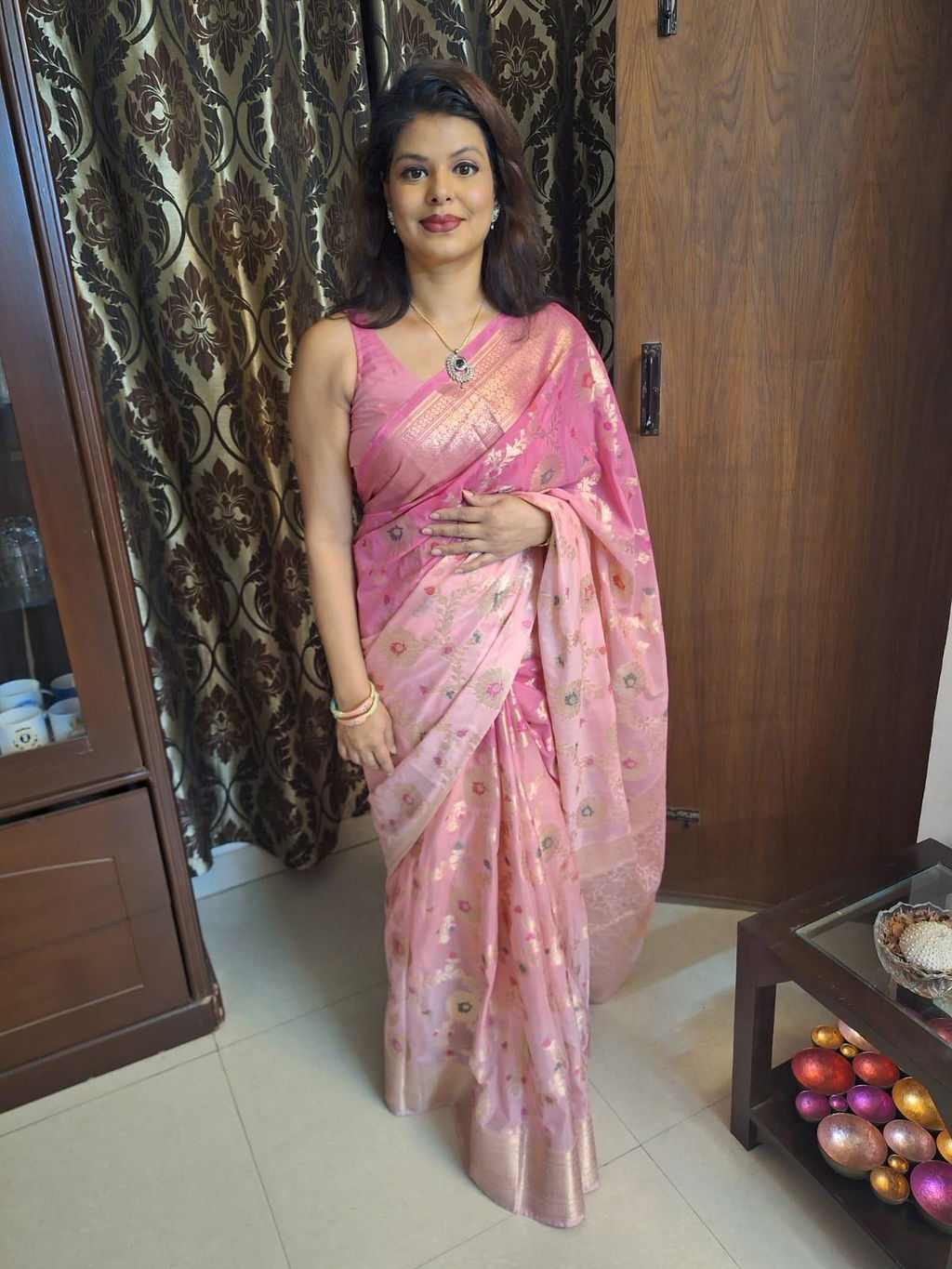 Banarasi Shaded Semi Silk Saree With Jaal Zari & Meena Weaving-Pink