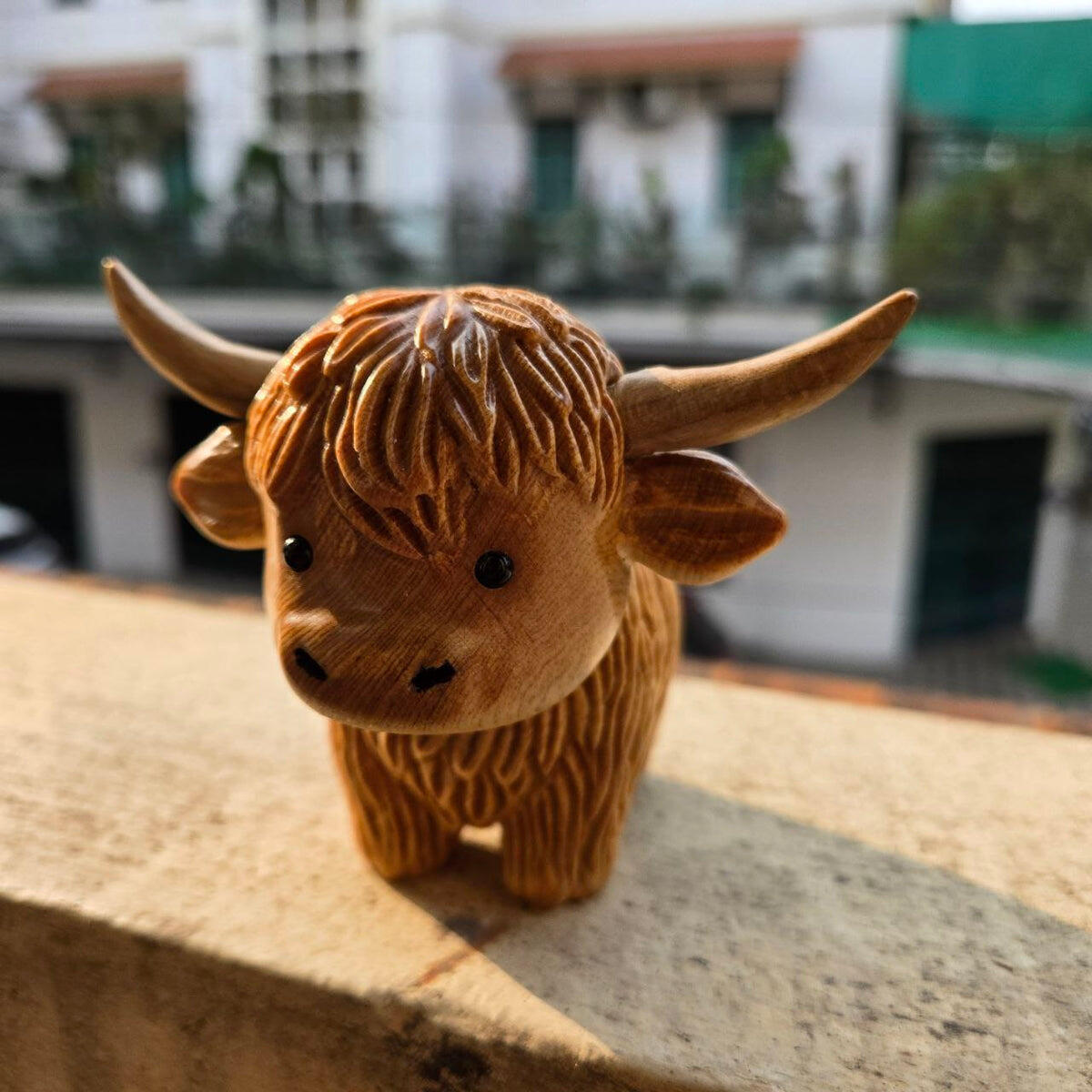 Highland Cow Figurine | Hand-Carved Wood Decor | BeeRusty