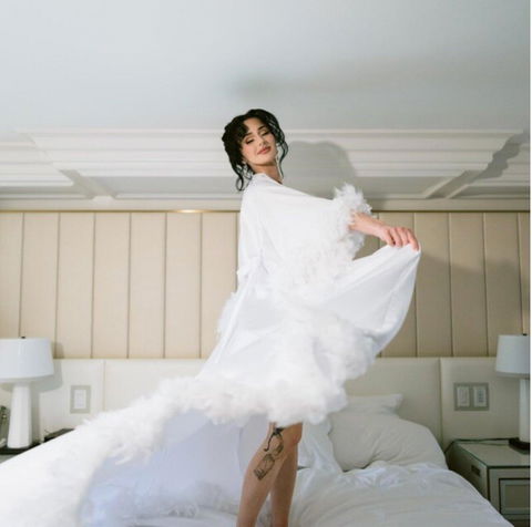 Bridal robe with feathers and train Handmade