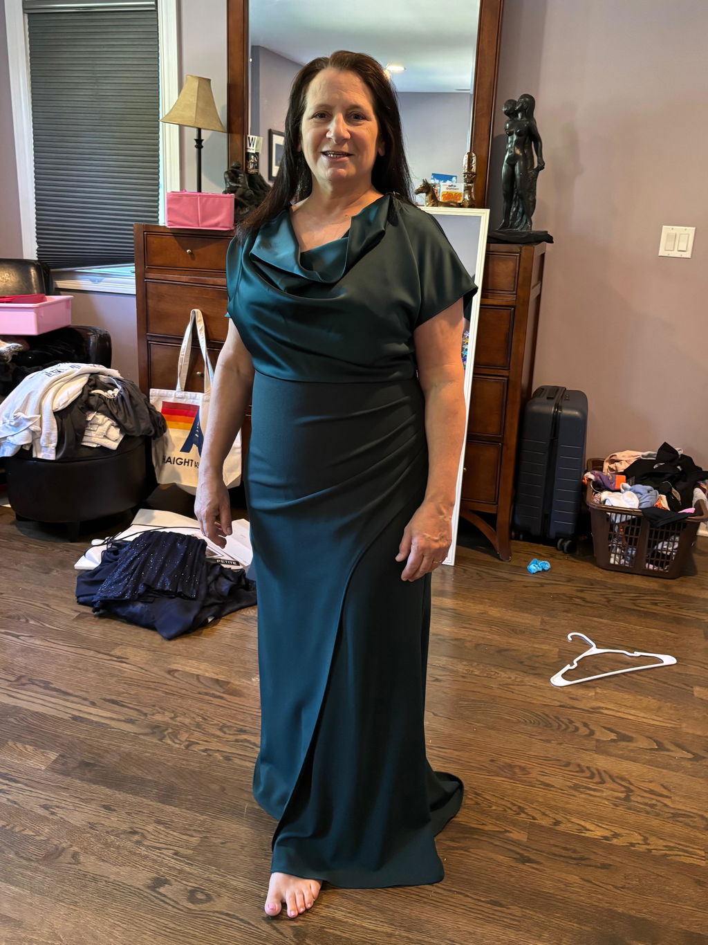 Petite "Rinna" Scuba Crepe & Satin Cowl Neck Dress