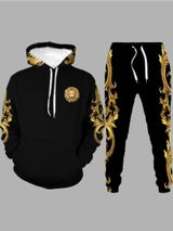 Men's Hooded Lion Printed Black/Gold Sweat Suit