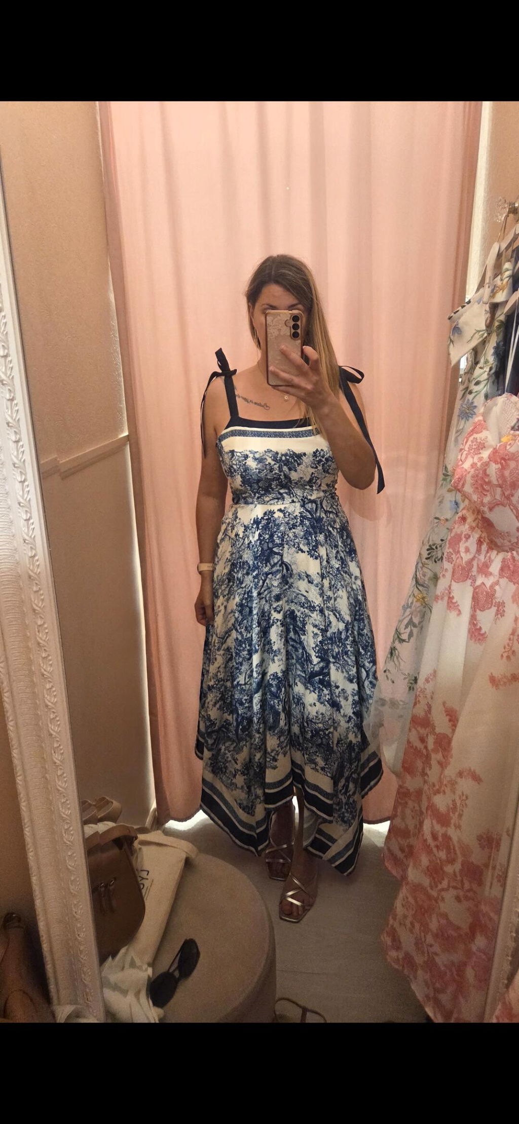 Alexie Navy | Toile Border Midi Dress with Asymmetrical Hem