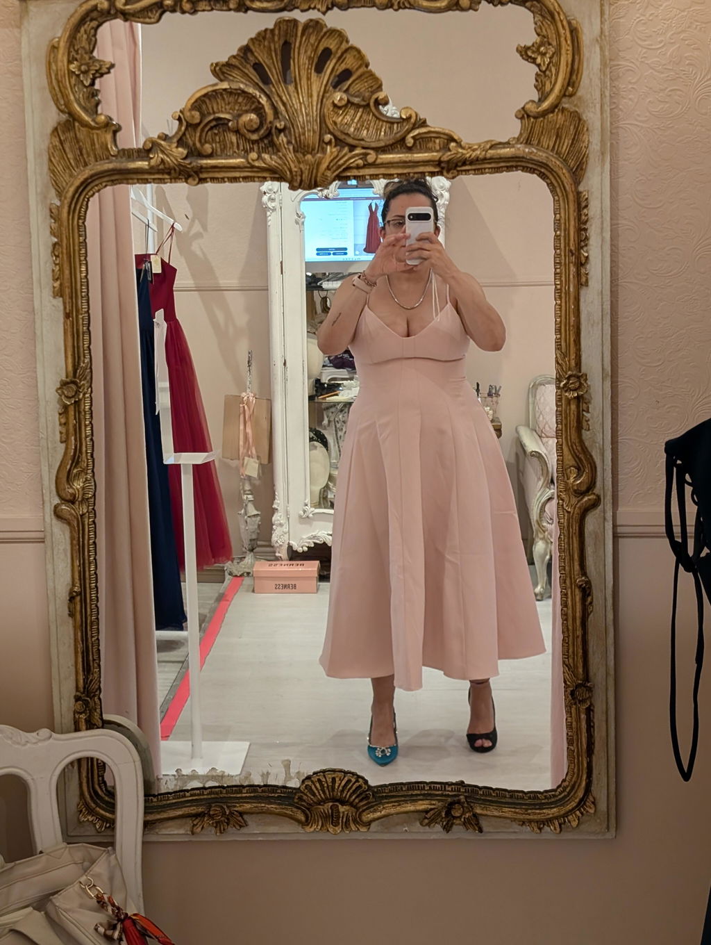 Elektra Pink | V-Neck A-Line Midi Dress with Ajustable Strap