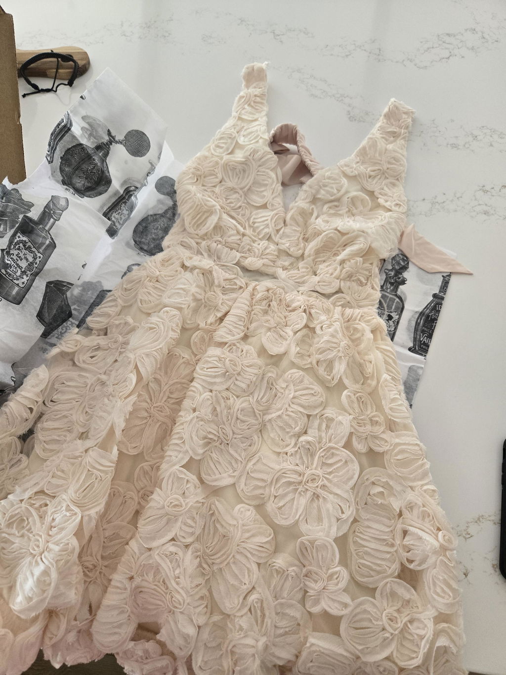 Gamatene | Short Mesh Dress with Chiffon Floral Embroidery