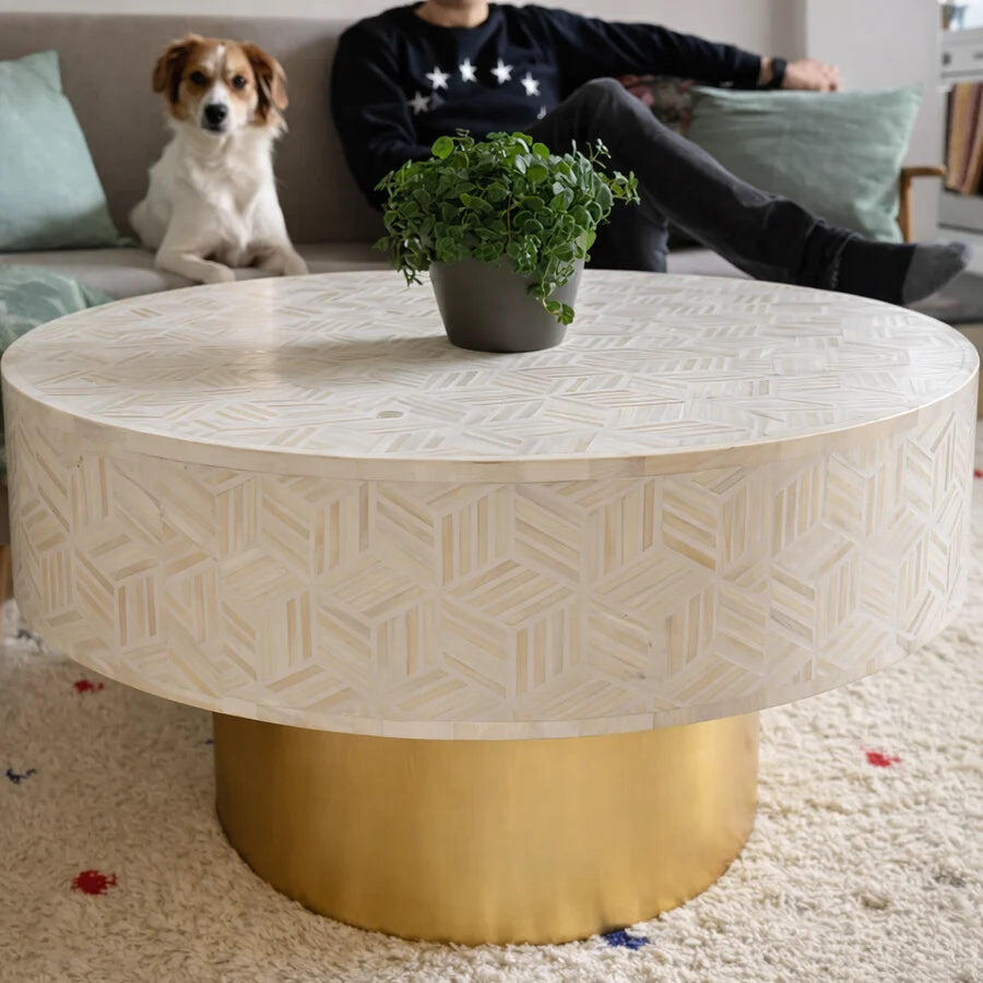 Bone Inlay Coffee Table with A Geometric Design in White 36 inch diameter