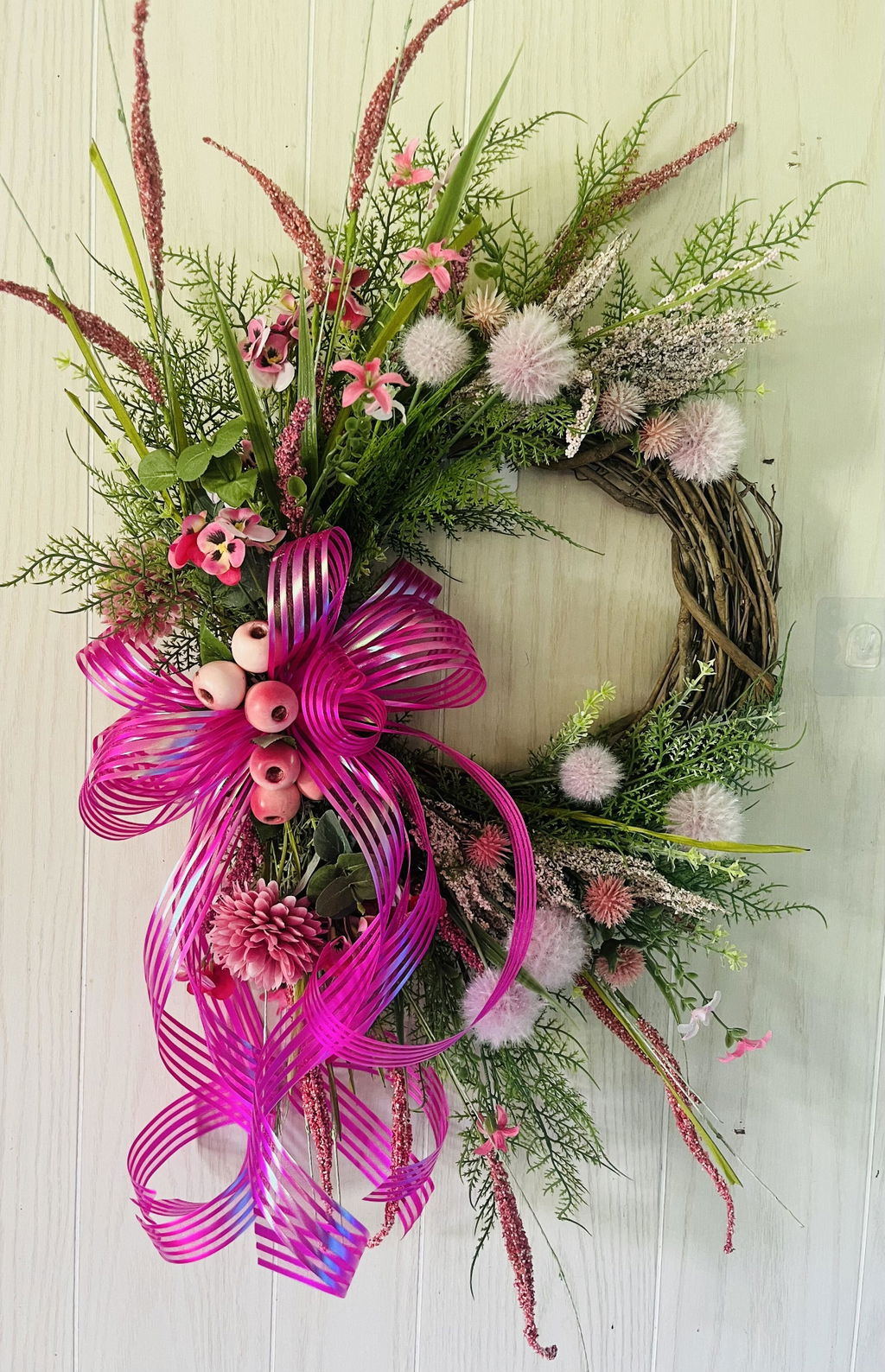 Spring Handcrafted Vintage container arrangement with hydrangeas