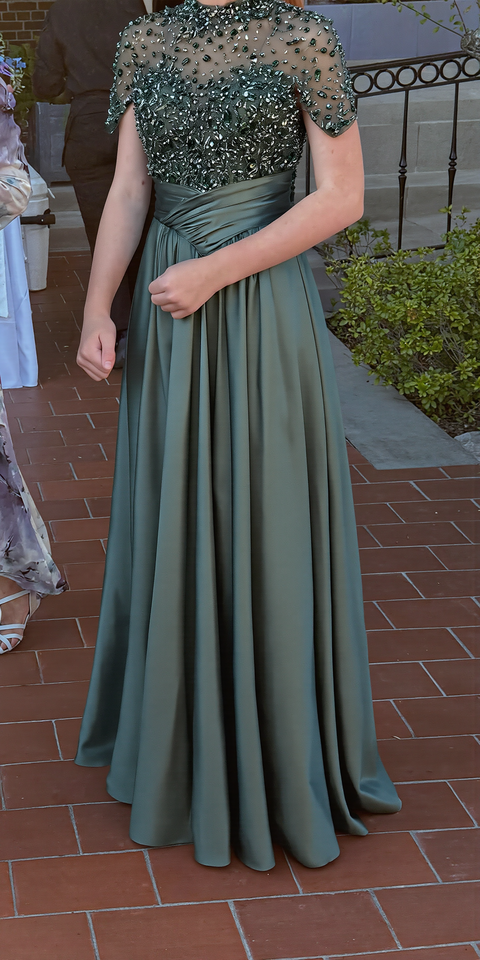 Charming Dark Green Satin Aline Evening Dress Short Sleeves with Beadings