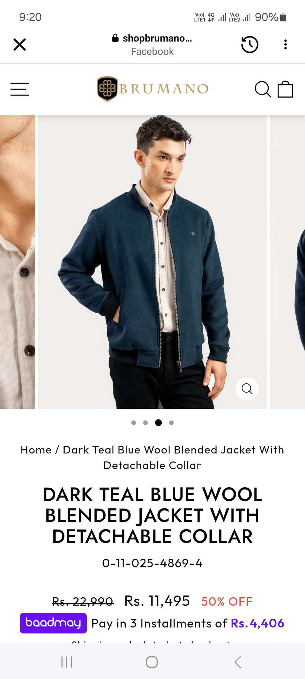 Dark Teal Blue Wool Blended Jacket With Detachable Collar