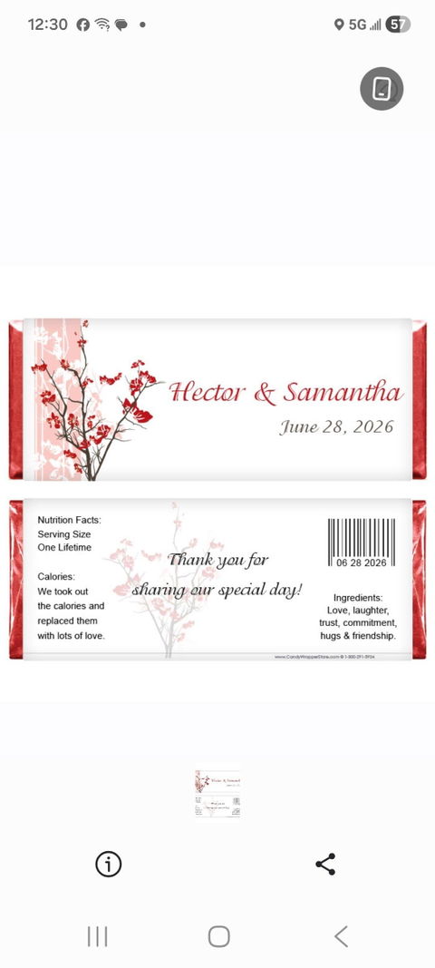 Wedding Floral Branch Candy Bar Wrapper