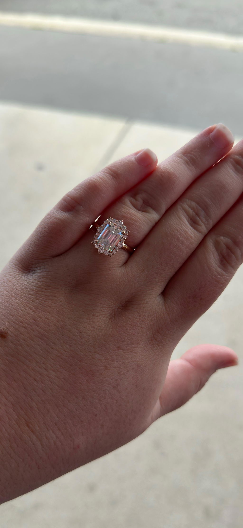 Solid Gold Solitaire Halo Emerald Cut Moissanite Engagement Ring