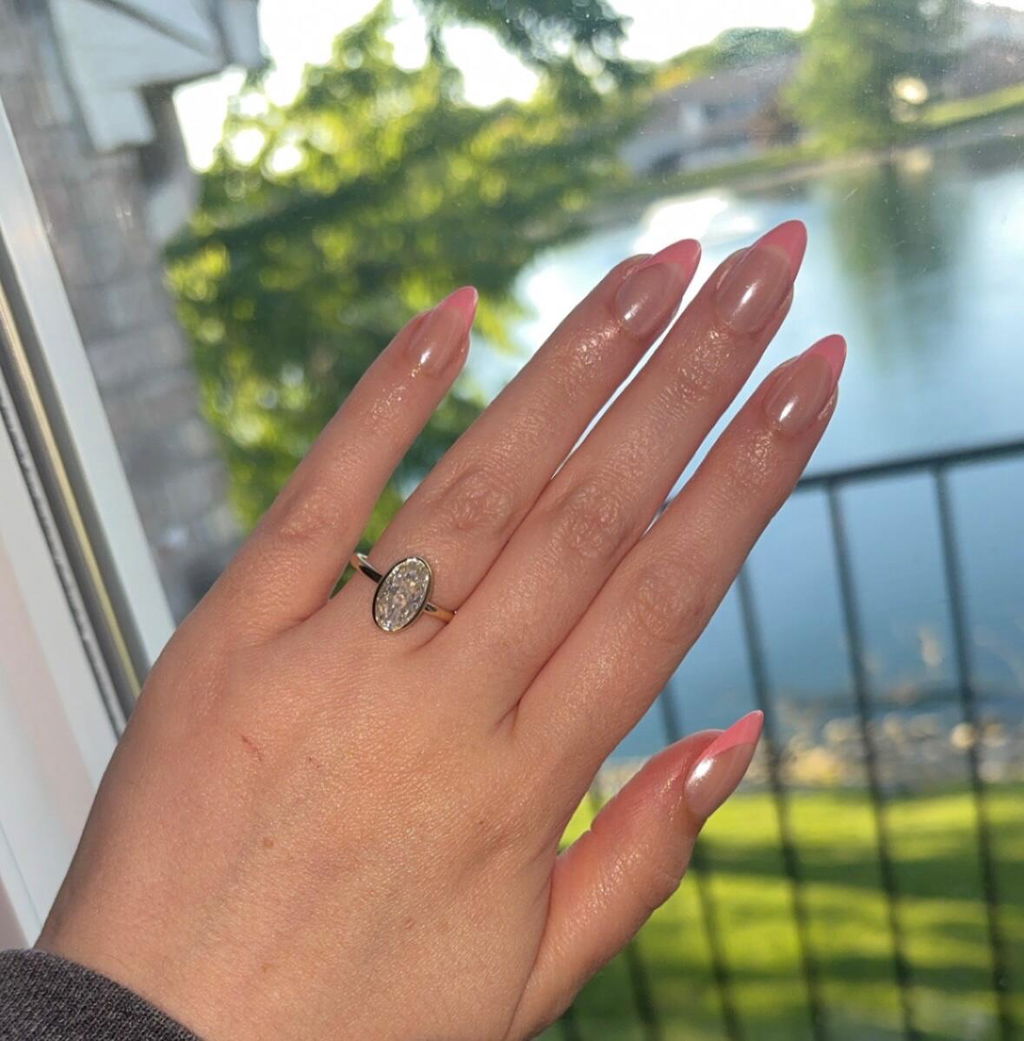 Solid Gold Solitaire Bezel Crushed Ice Elongated Oval Cut Moissanite Engagement Ring