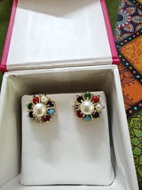 Navratna-Style Multi-Gemstone Starburst Pearl Studs