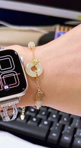 Gold Plated Silver Hetian Jade Ping An Buckle Bracelet