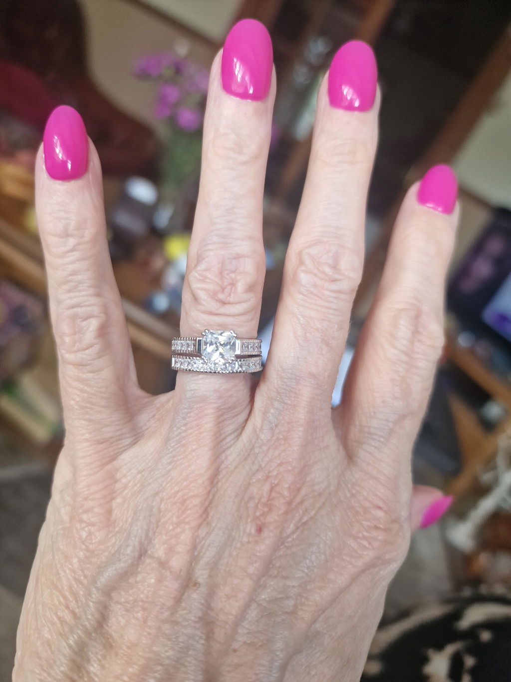 925 Sterling Silver Princess Cut Cz Ladies Ring Set With Migraine Sides