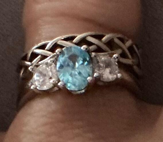 925 Sterling Silver Oval Aqua CZ Trilogy Ring