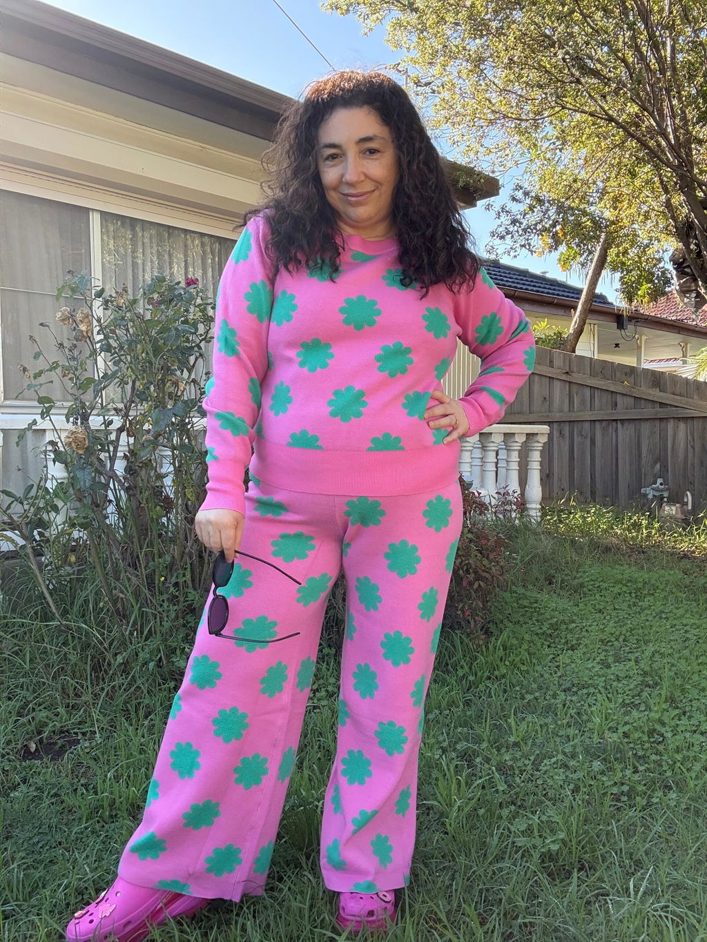 Pink & Green Flower Knit Set