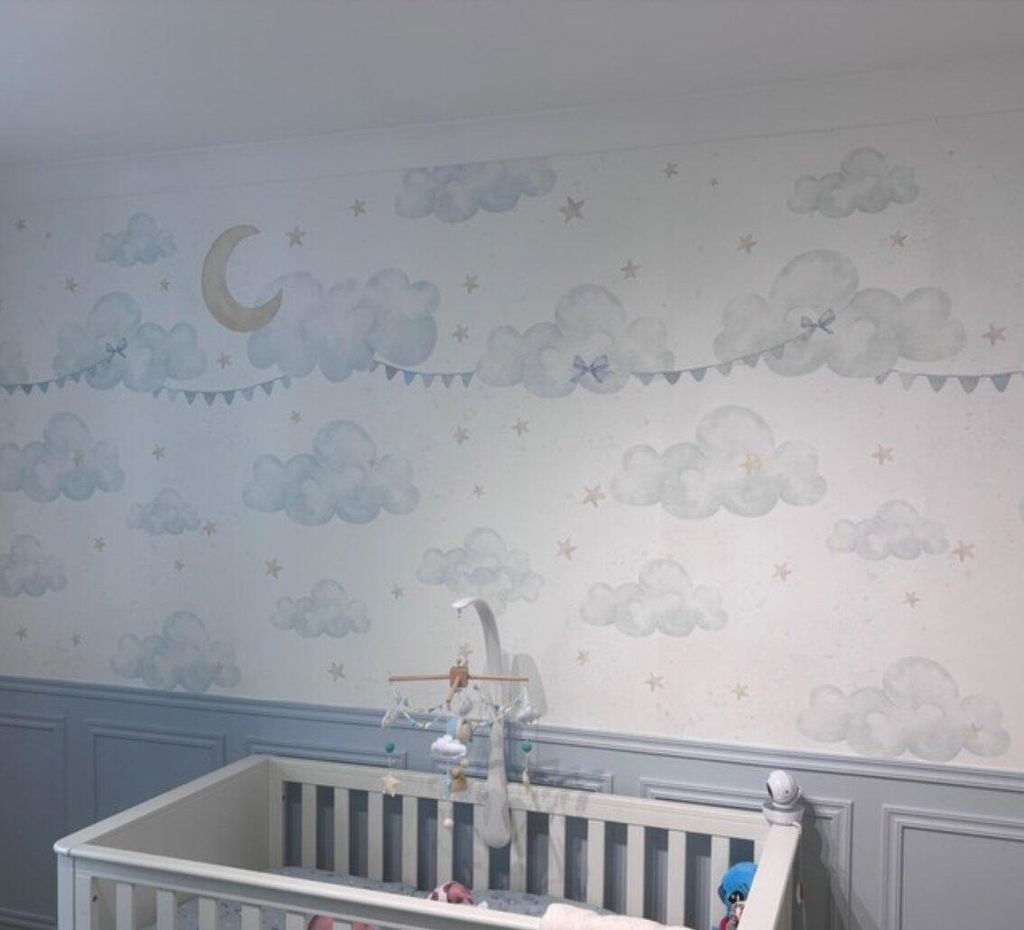 Blue Clouds Moon & Bunting Wall Mural SM071