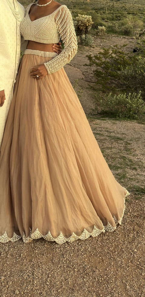 Rent Vvani By Vani Vats Beige Organza Pearl Embellished Lehenga Set