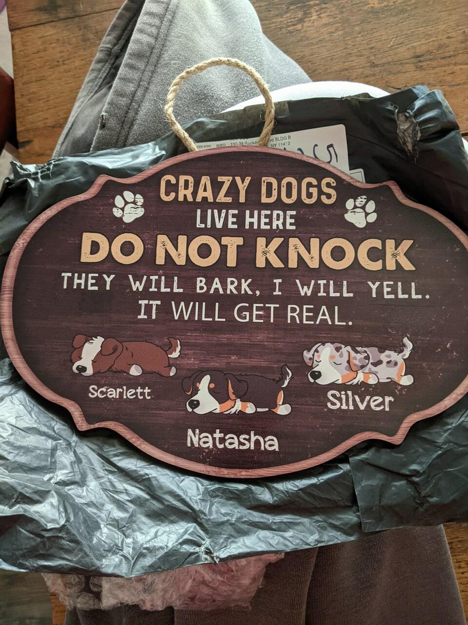 Crazy Dogs Live Here Do Not Knock, Wooden Door Sign Custom Shape