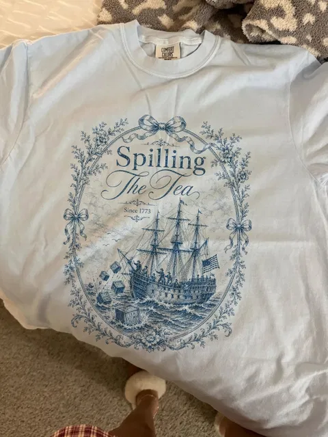 Blue Toile Spilling The Tea Since 1773 Shirt, Vintage Patriotic Tee, America 250th Anniversary Shirt, Boston Tea Party Tee