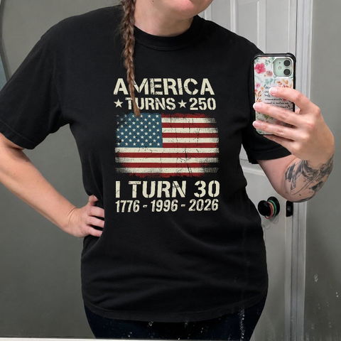 American Turns 250 I Turn 50 - Personalized T-Shirt, Birthday Patriotic USA 1776-2026 Shirt, 50th Milestone Birthday Gift For Men & Women