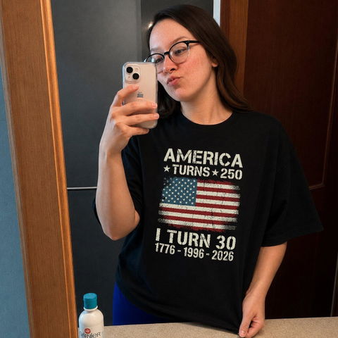 American Turns 250 I Turn 50 - Personalized T-Shirt, Birthday Patriotic USA 1776-2026 Shirt, 50th Milestone Birthday Gift For Men & Women