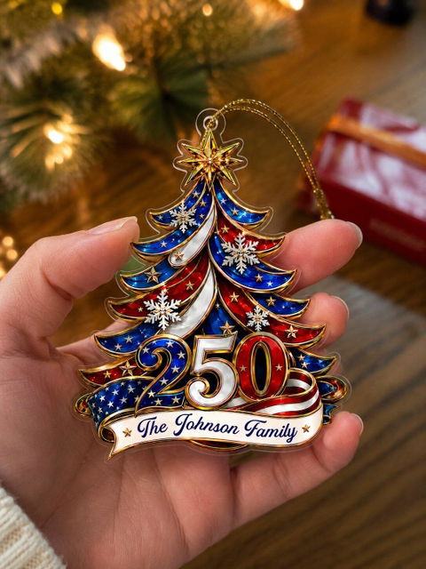Ornament Patriotic Christmas Tree 250 - Personalized Acrylic Ornament, Custom Family Name America 250th Anniversary Christmas Gift, USA 1776-2026 Keepsake