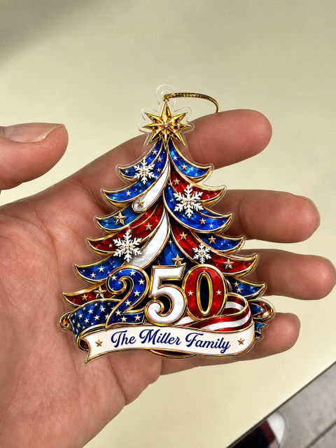Ornament Patriotic Christmas Tree 250 - Personalized Acrylic Ornament, Custom Family Name America 250th Anniversary Christmas Gift, USA 1776-2026 Keepsake