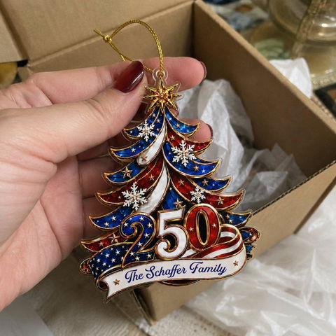 Ornament Patriotic Christmas Tree 250 - Personalized Acrylic Ornament, Custom Family Name America 250th Anniversary Christmas Gift, USA 1776-2026 Keepsake