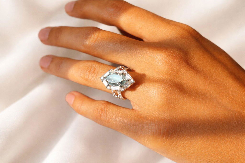 Green Moissanite Hexagon Baguette Side Stone Engagement Ring