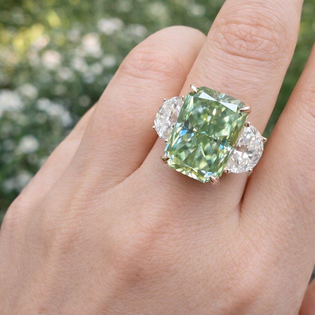 Green Moissanite Radiant Three Stone Engagement Ring